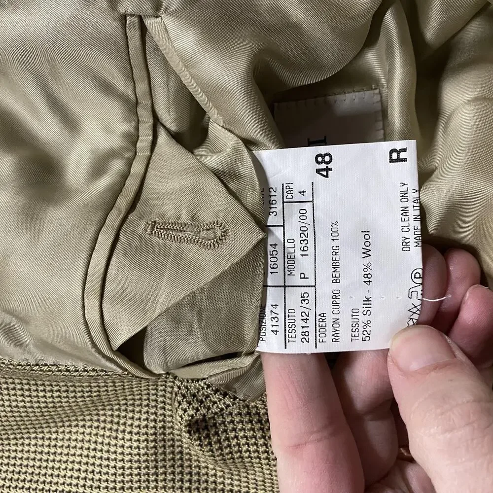 Canali Blazer Mens 48R Beige Brown Houndstooth Silk Wool Sport Coat Made Italy